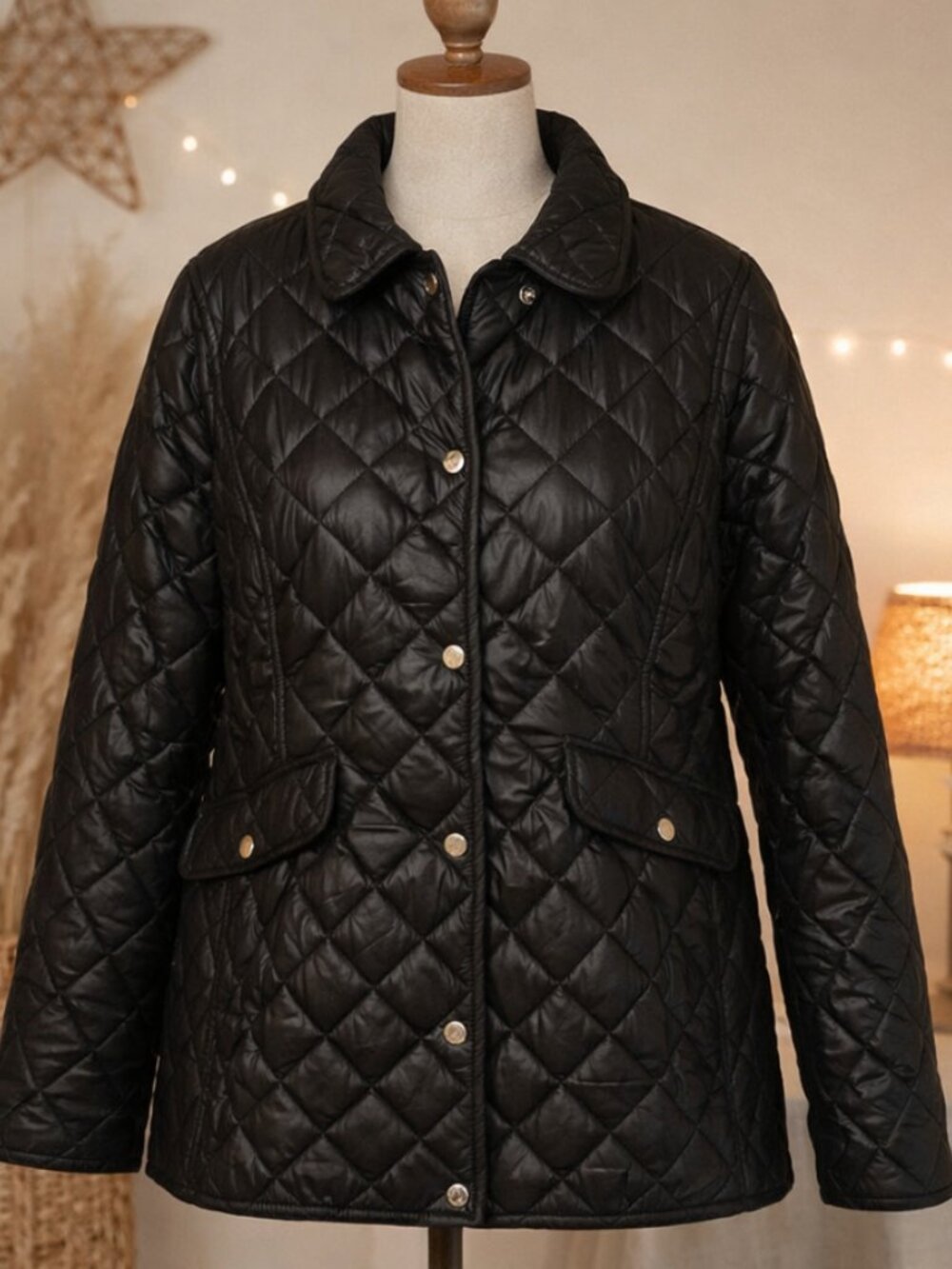 Kate Spade Black Diamond Quilted Coat Jacket L Heritage Riding Minimalist Preppy